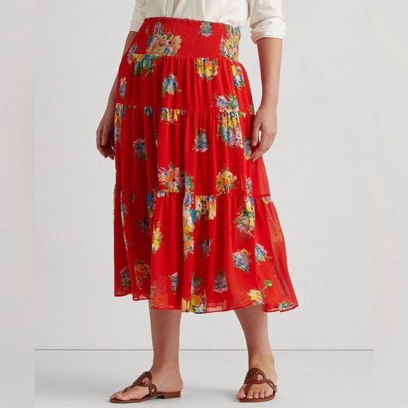 Lauren Ralph Lauren Black Label Red Floral Chiffon Full Maxi Skirt Sz M - Picture 9 of 9